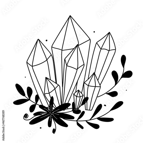 Illustration geometric silhouette of black crystal, diamond, branch of leaves, flower in doodle style