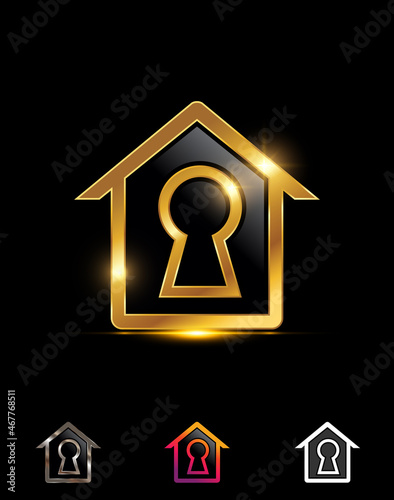 Golden home and keyhole vector sign