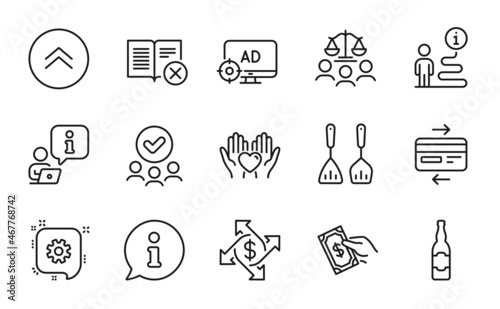 Business icons set. Included icon as Beer bottle, Approved group, Seo adblock signs. Pay money, Hold heart, Cogwheel symbols. Payment exchange, Swipe up, Reject book. Credit card. Vector