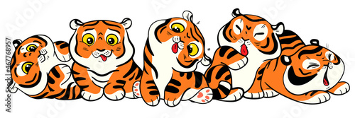 Fototapeta Naklejka Na Ścianę i Meble -  Group of little tiger cubs are sitting together. Symbol of the Chinese New Year. Colorful cartoon characters. Funny vector illustration. Isolated on white background