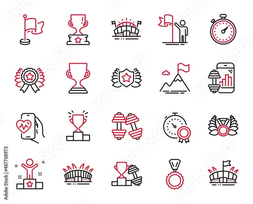 Vector Set of Sports icons related to Sports arena, Award cup and Winner podium icons. Arena stadium, Best result and Laureate signs. Dumbbell, Cardio training and Dumbbells. Medal, Flag. Vector