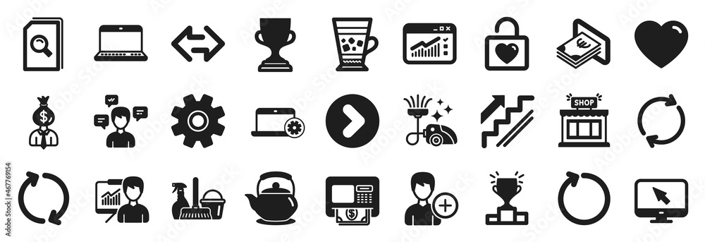 Set of simple icons, such as Heart, Frappe, Service icons. Teapot, Award cup, Internet signs. Atm, Winner podium, Add person. Loop, Full rotation, Refresh. Web traffic, Stairs, Shop. Sync. Vector Set of simple icons, such as Heart, Frappe, Service icons. Teapot, Award cup, Internet signs. Atm, Winner podium, Add person. Loop, Full rotation, Refresh. Web traffic, Stairs, Shop. Sync. Vector