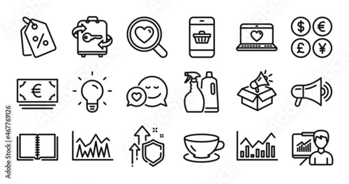 Book, Investment and Presentation line icons set. Secure shield and Money currency exchange. Light bulb, Dating and Espresso icons. Megaphone, Web love and Search love signs. Vector