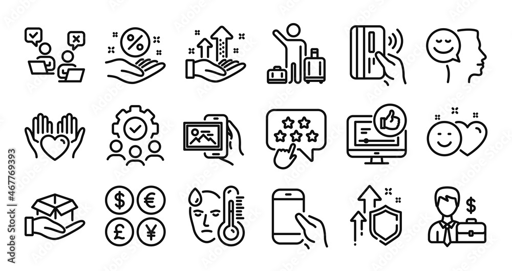 Businessman case, Analysis graph and Smile line icons set. Secure shield and Money currency exchange. Image album, Online voting and Airport transfer icons. Vector