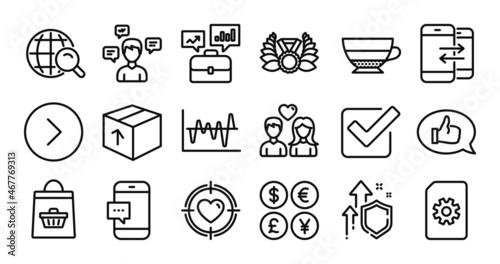 Feedback, Stock analysis and Smartphone message line icons set. Secure shield and Money currency exchange. Checkbox, Laureate medal and Conversation messages icons. Vector