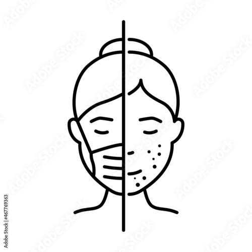 Maskne Facial Skin Irritation Line Icon. Lady with Mask Acne Face Trouble Linear Pictogram. Comedo, Pimple, Allergic Cause Wear Medical Mask Outline Icon. Editable Stroke. Vector Illustration