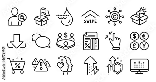 Messenger, Copywriting network and Swipe up line icons set. Secure shield and Money currency exchange. Megaphone box, Touchscreen gesture and Loan percent icons. Vector