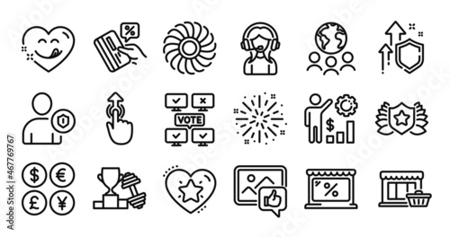 Credit card, Global business and Ranking star line icons set. Secure shield and Money currency exchange. Employees wealth, Fireworks explosion and Like photo icons. Vector