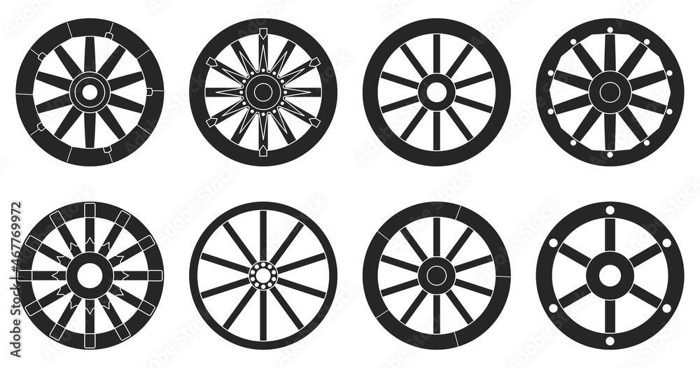 Wooden wheel black vector set illustration of icon.Wheel wagon vector set of icon.black collection wooden cartwhee wagon on white background.