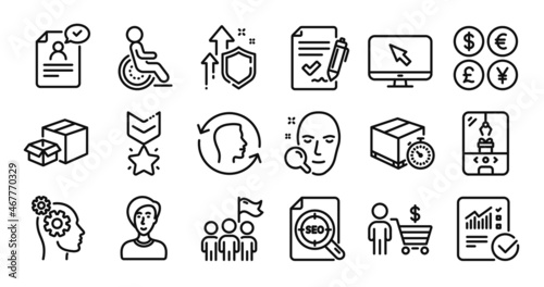 Businesswoman person, Resume document and Crane claw machine line icons set. Secure shield and Money currency exchange. Packing boxes, Internet and Approved agreement icons. Vector