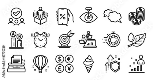Leaf dew, Seo timer and Coins line icons set. Secure shield and Money currency exchange. Air balloon, Messenger and Target goal icons. Discounts app, Eye laser and Ab testing signs. Vector