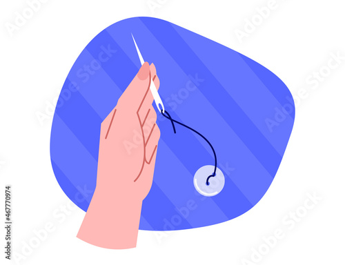 Female hand holding a needle with thread and button. Simple flat illustration for creativity and hobby. Crafting or sewing banner and website concept.