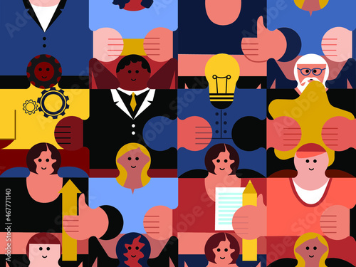 Seamless pattern of puzzle detail people figures. Jigsaw group of business men and women. Team and teamwork concept. Collage. Company. Friendship. Collaboration. Cubism, geometric, minimal style.