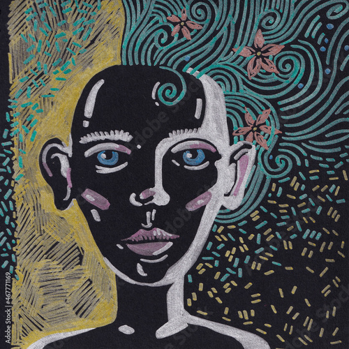 Decorative drawing of a person's face on a black background