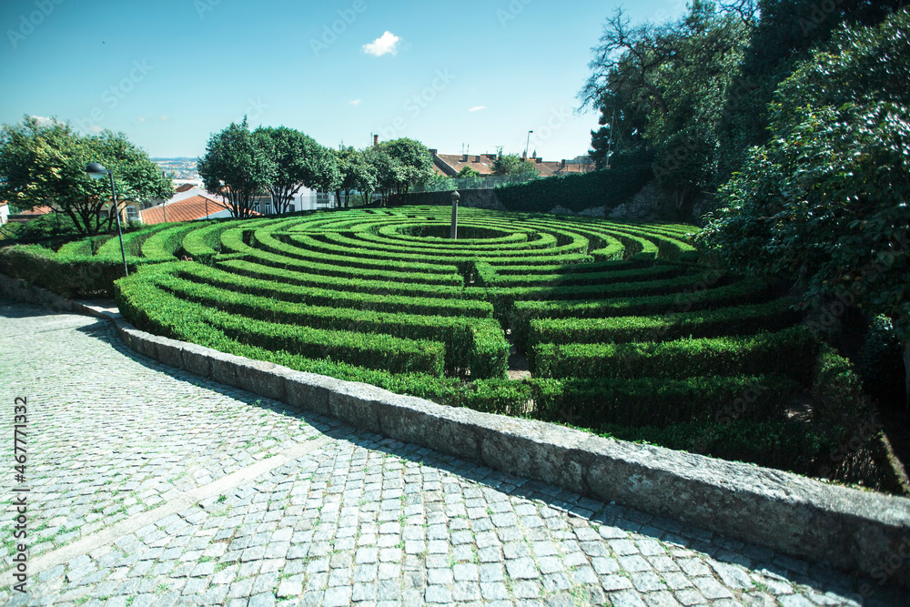 View of maze by hedges in public park of Sao Roque in Porto, Portugal.