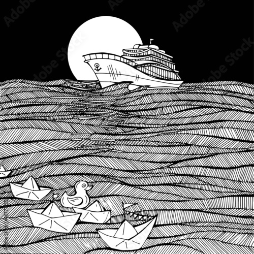 Obraz na plátně A ship at sea at night, paper boats and rubber ducks