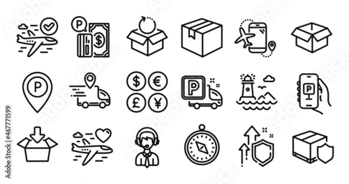 Parking, Parking app and Lighthouse line icons set. Secure shield and Money currency exchange. Delivery insurance, Confirmed flight and Return package icons. Vector