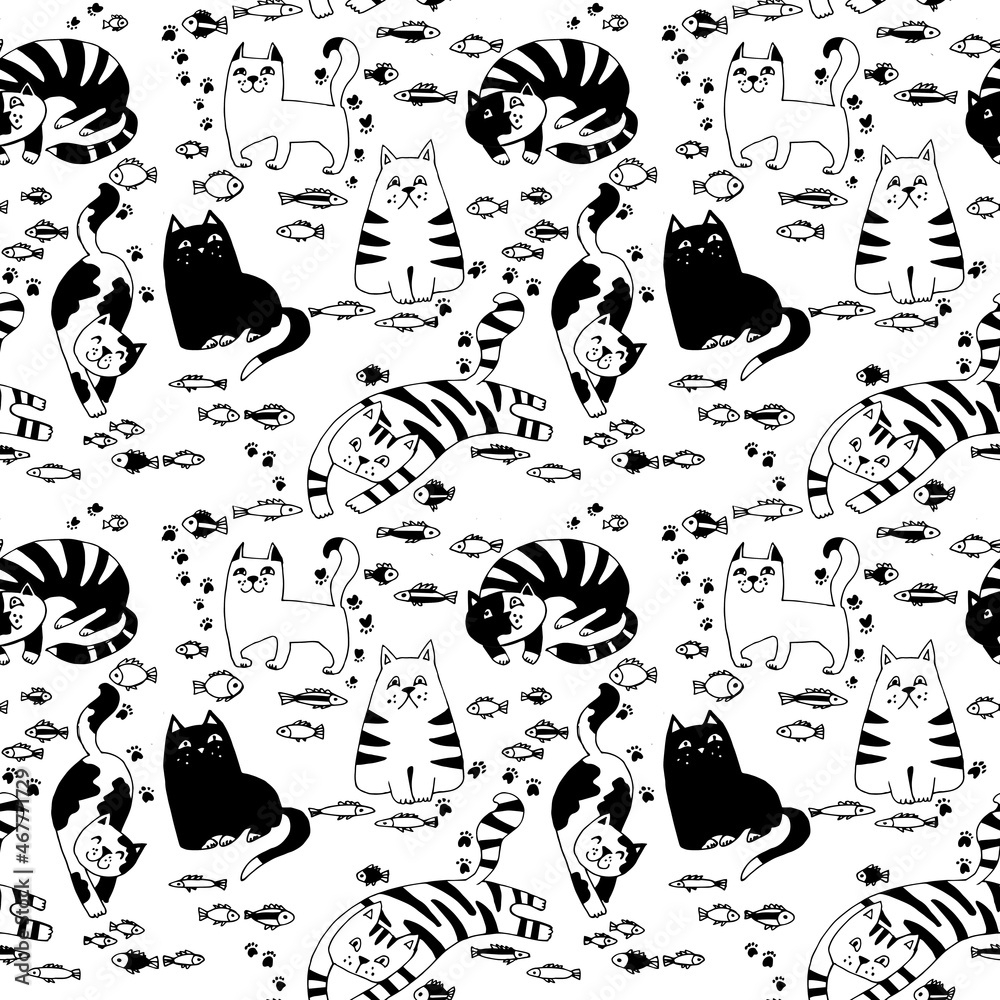 Pattern with cats. Black and white illustration with cats