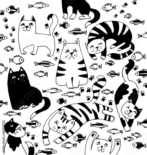 Black and white illustration with cats