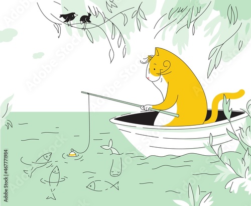 Funny cat fisherman catches fish while sitting in the boat.