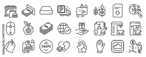 Set of Business icons, such as Dollar, Coffee maker, Algorithm icons. Loyalty program, Truck parking, Report document signs. Swipe up, Income money, World statistics. Atm money, Mini pc. Vector