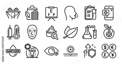 Hand sanitizer, Medical analyzes and Chemistry lab line icons set. Secure shield and Money currency exchange. Thermometer, No sun and Face biometrics icons. Vector