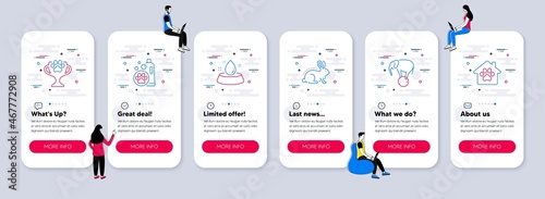 Vector Set of Animals icons related to Elephant on ball, Winner cup and Water bowl icons. UI phone app screens with teamwork. Animal tested, Pet shampoo and Pet shelter line symbols. Vector