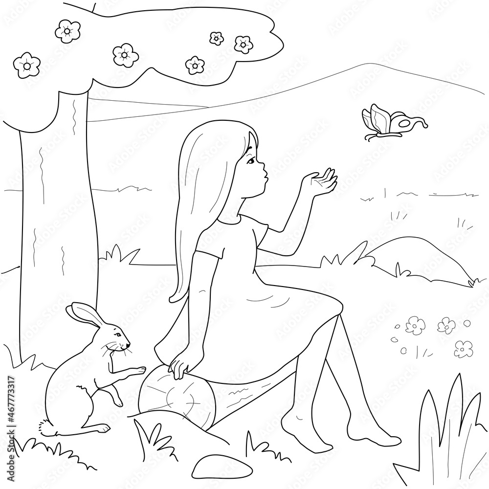 Coloring pages for children. Girl, nature, butterfly. Stock Vector ...