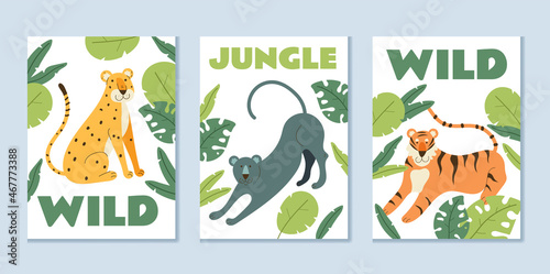 Tropical jungle forest animals leopard flyer poster banner vector set