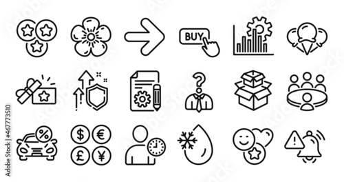 Next, Seo graph and Loyalty gift line icons set. Secure shield and Money currency exchange. Natural linen, Ice creams and Stars icons. Buy button, Smile and Car leasing signs. Vector