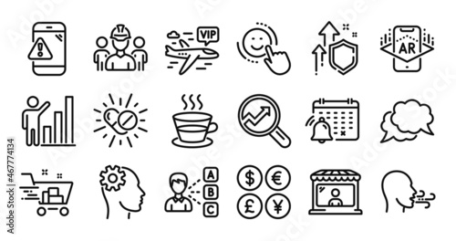 Market seller, Analytics and Engineering line icons set. Secure shield and Money currency exchange. Smile, Breathing exercise and Opinion icons. Vip flight, Chat message and Coffee cup signs. Vector