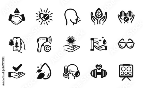 Vector set of Dont handshake, Washing hands and Dermatologically tested icons simple set. Cough, Eyeglasses and Fair trade icons. Vision board, Vaccine announcement and Dumbbell signs. Vector