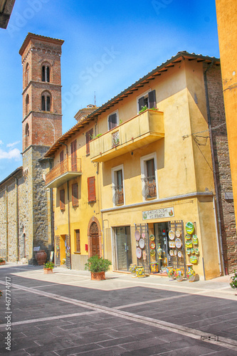 Deruta, bell tower and typical shop