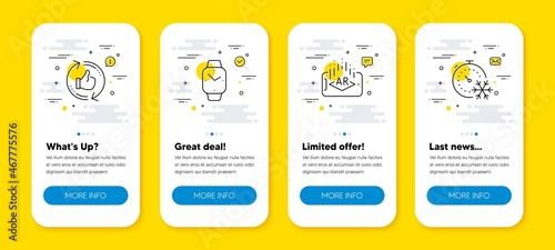 Vector set of Refresh like, Augmented reality and Smartwatch line icons set. UI phone app screens with line icons. Freezing timer icon. Thumbs up counter, Phone simulation, Digital time. Vector