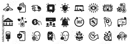 Set of Business icons  such as 360 degrees  Light bulb  Thoughts icons. Scroll down  Arena stadium  Notification bell signs. Face verified  Flight mode  Ice cream. Fireworks rocket  Like. Vector