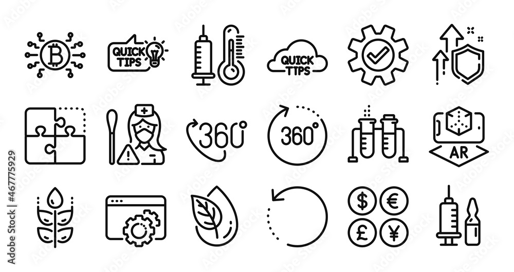 Fototapeta premium Thermometer, Gluten free and Puzzle line icons set. Secure shield and Money currency exchange. Seo gear, 360 degrees and Augmented reality icons. Vector
