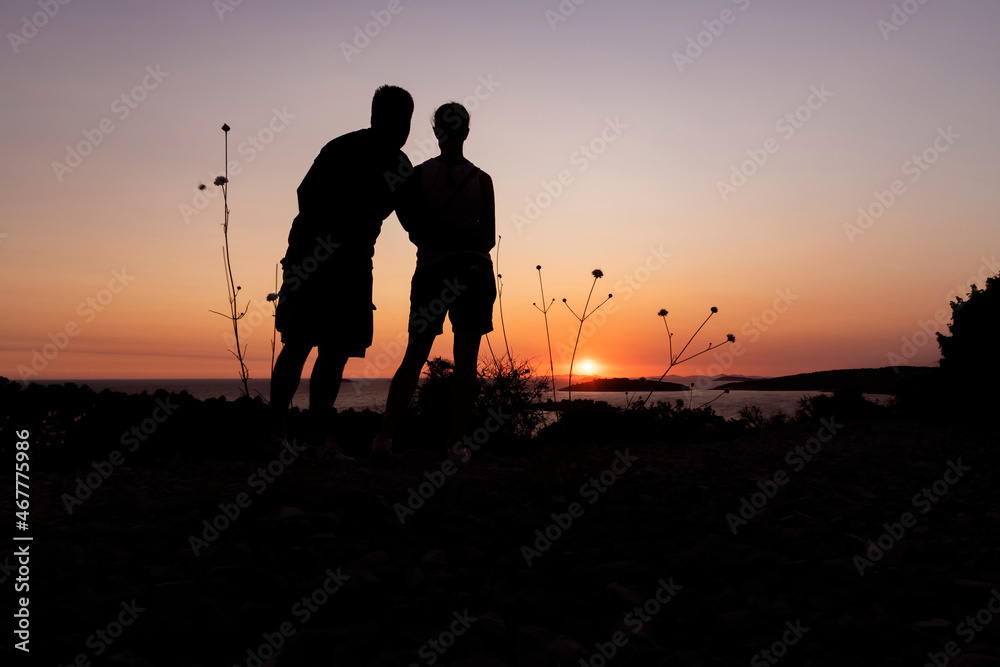 Silhouette of man and woman watching summer sunset on the horizon at ...