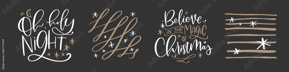 Christmas quote set vector calligraphy design for card, gift bag or tag. Oh, holy night and Believe in the magic of Christmas winter holiday messages in gold and black colours. Christmas quote set vector calligraphy design for card, gift bag or tag. Oh, holy night and Believe in the magic of Christmas winter holiday messages in gold and black colours.
