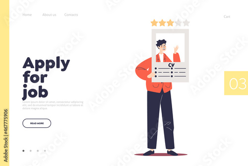 Apply for job concept of landing page with male worker hold cv for vacant position