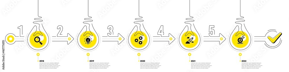 Fototapeta premium Business Infographic timeline with 5 steps. Workflow process diagram with Research Idea, Working, Startup rocket and Goal target icons. Timeline infograph diagram. Vector