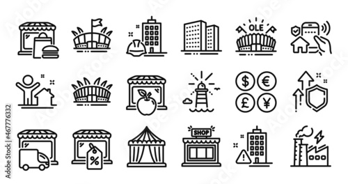 Arena stadium, Shop and Construction building line icons set. Secure shield and Money currency exchange. Market, Lighthouse and Arena icons. New house, House security and Market sale signs. Vector