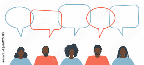 Black people community. Communication of men and women. People icons with speech bubbles. Vector illustration