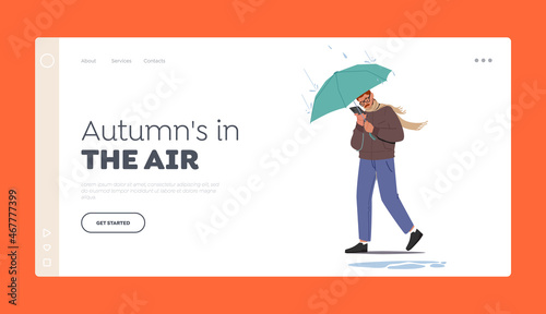 Rainy Autumn Landing Page Template. Drenched Passerby Male Character Walking at Rain with Smartphone and Umbrella
