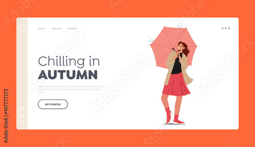 Chilling Autumn Landing Page Template. Cheerful Young Woman City Dweller Holding Umbrella Stand under Rain