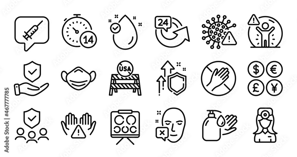 Social distance, Usa close borders and 24 hours line icons set. Secure shield and Money currency exchange. Vitamin e, Medical mask and Vaccine message icons. Vector