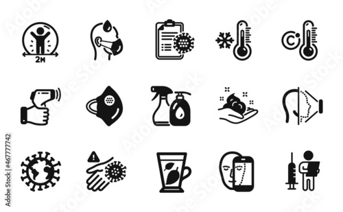 Vector set of Low thermometer, Mint leaves and Cleaning liquids icons simple set. Social distance, Face biometrics and Medical mask icons. Coronavirus report, Sick man and Skin care signs. Vector