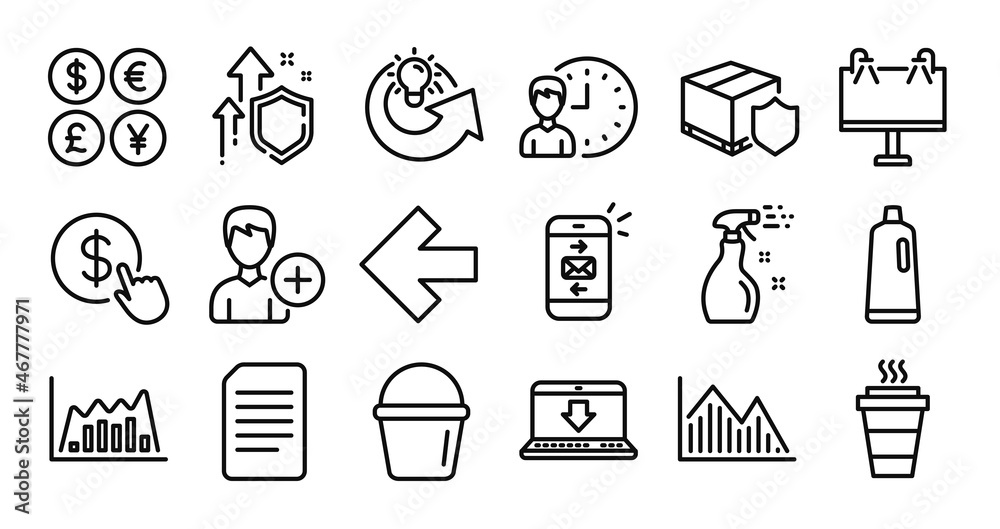 Fototapeta premium Road banner, Internet downloading and Delivery insurance line icons set. Secure shield and Money currency exchange. Mail, Working hours and Investment graph icons. Vector