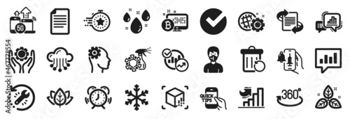 Set of Science icons, such as Rainy weather, Analytical chat, Fair trade icons. Full rotation, Timer, Bitcoin system signs. Augmented reality, Employee hand, Time management. Verify, File. Vector