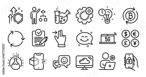 Chemistry lab, Time management and Cogwheel line icons set. Secure shield and Money currency exchange. Rfp, Smile and Locked app icons. Touchscreen gesture, Algorithm and Recycling signs. Vector