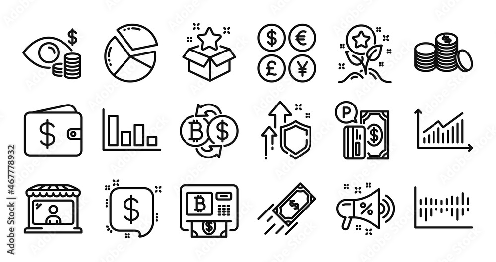 Column diagram, Fast payment and Dollar wallet line icons set. Secure shield and Money currency exchange. Loyalty program, Bitcoin exchange and Market seller icons. Vector